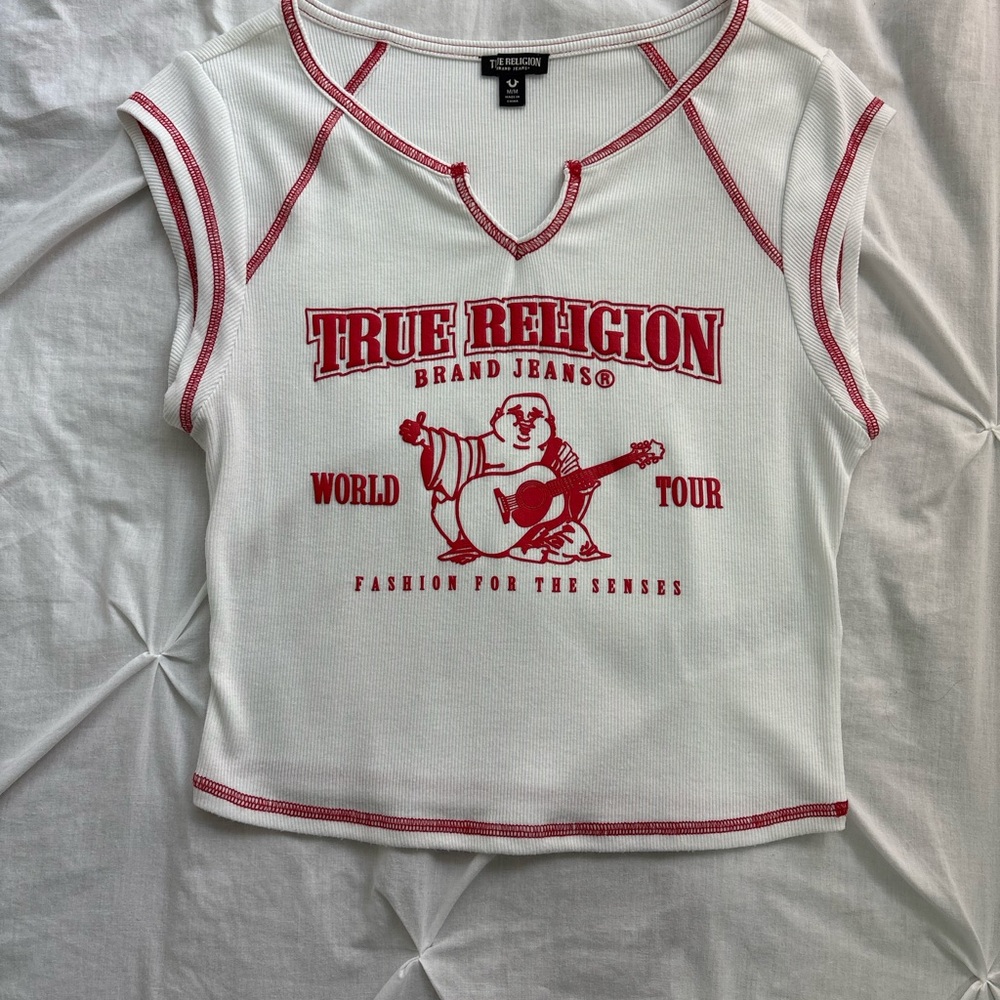 True Religion White Tank with Red Logo Stitching